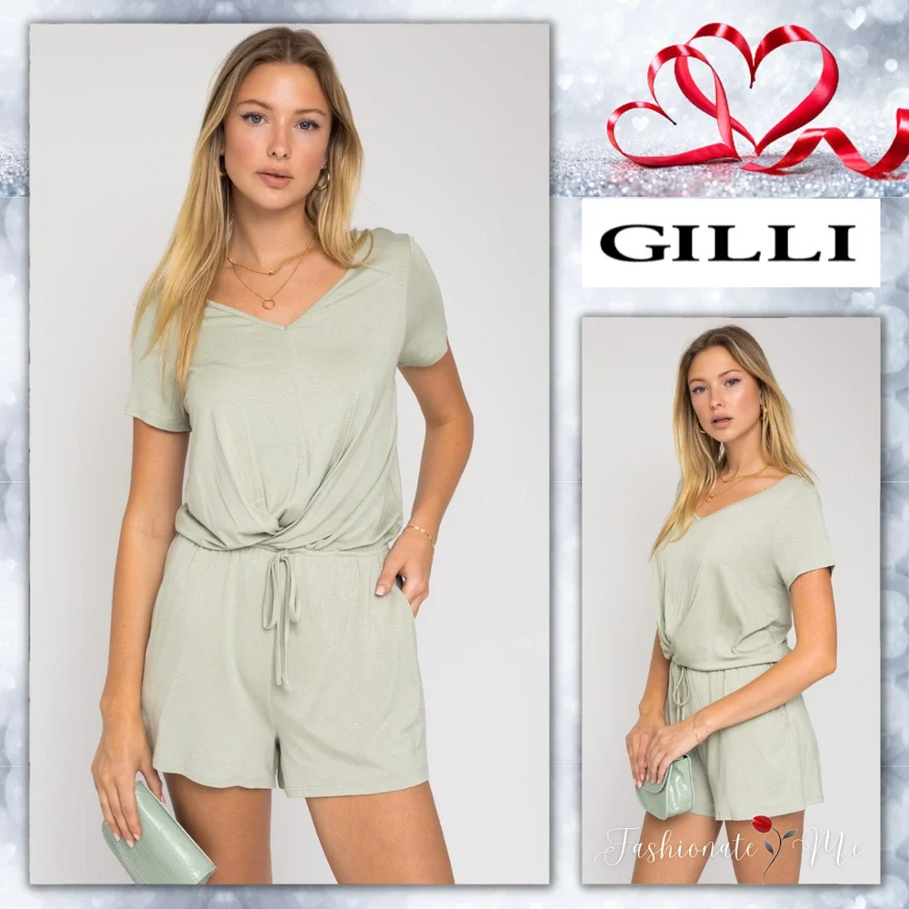 GILLI Short Sleeves V-Neckline Front Overlap Romper with Pockets in Sage - Picture 1 of 10
